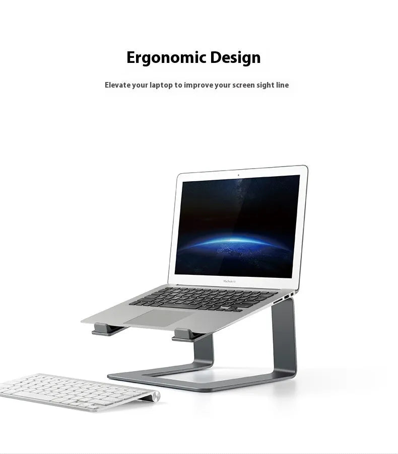 Black aluminium alloy laptop stand with ventilation slots on desktop