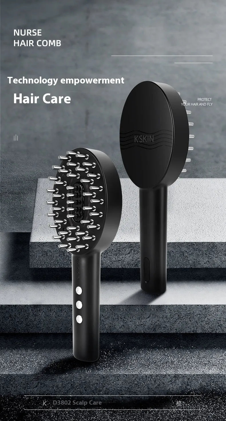 Black scalp medicine supplying device with vibration massage function for scalp soothing.