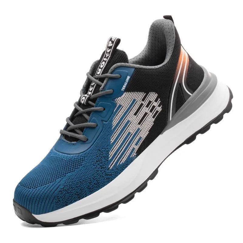 Blue men's lightweight safety work shoes with plastic toe caps and breathable mesh upper