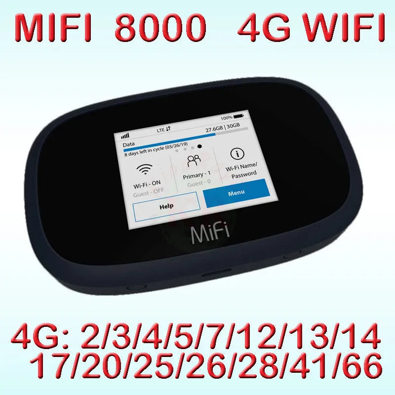 Black MIFI8000 portable 4G wireless router with dual-core processor and 150Mbps speed.