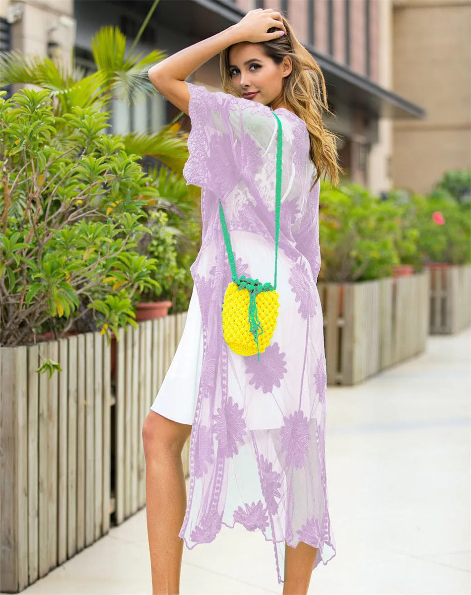 Light purple women's beach cover-up dress with lace embroidery detailing