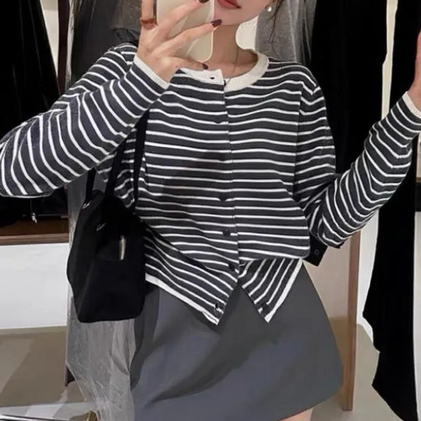Women's dark grey and white striped viscose cardigan coat with 40cm short length and slim fit
