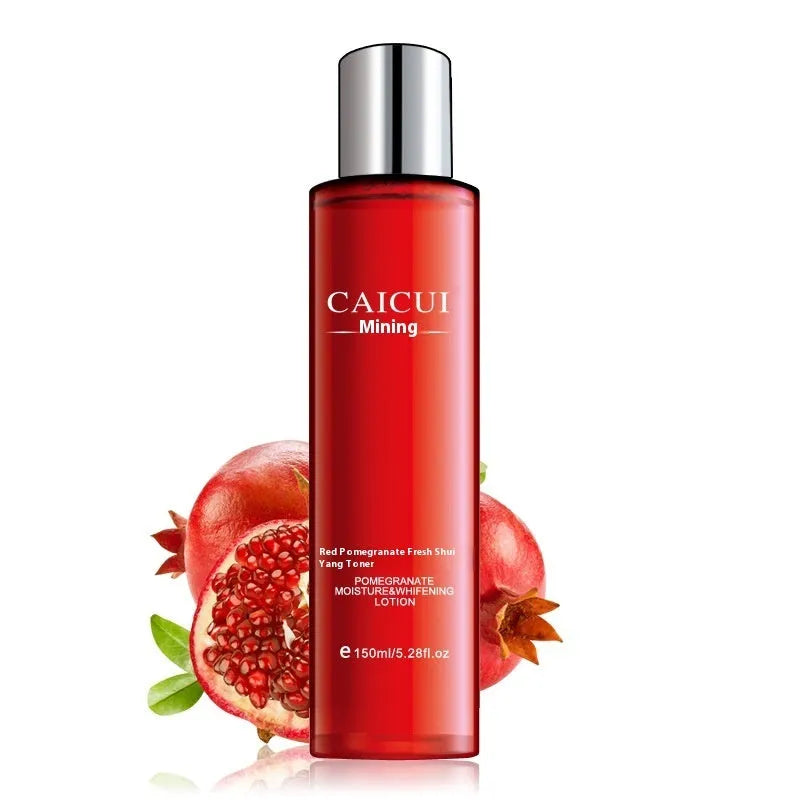Red packaged pomegranate skincare set with cleanser, toner, lotion and cream bottles
