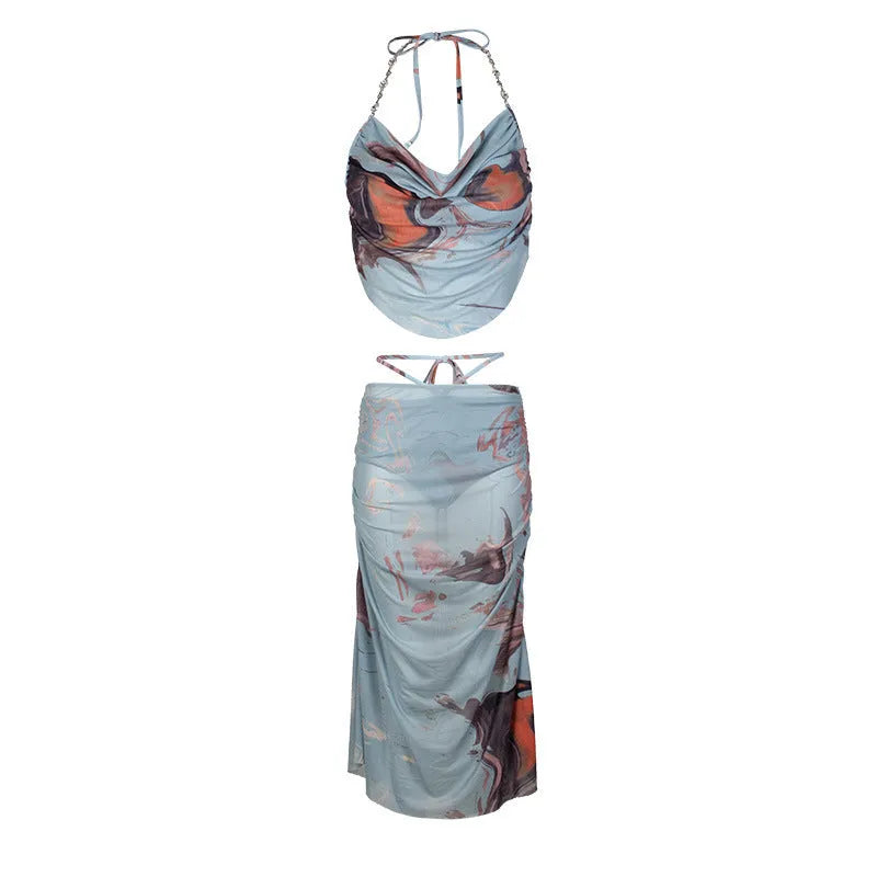 Blue three-piece women's bikini set with backless briefs and quick-drying nylon fabric