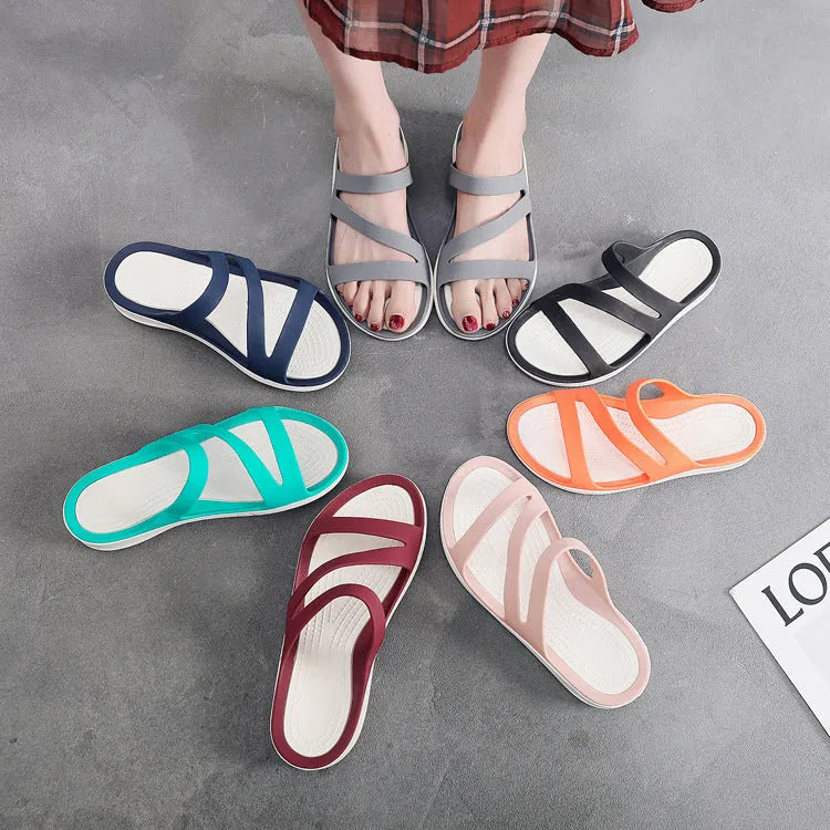 Solid colour women's casual slip-on sandals for summer and beach, shown in multiple colours.