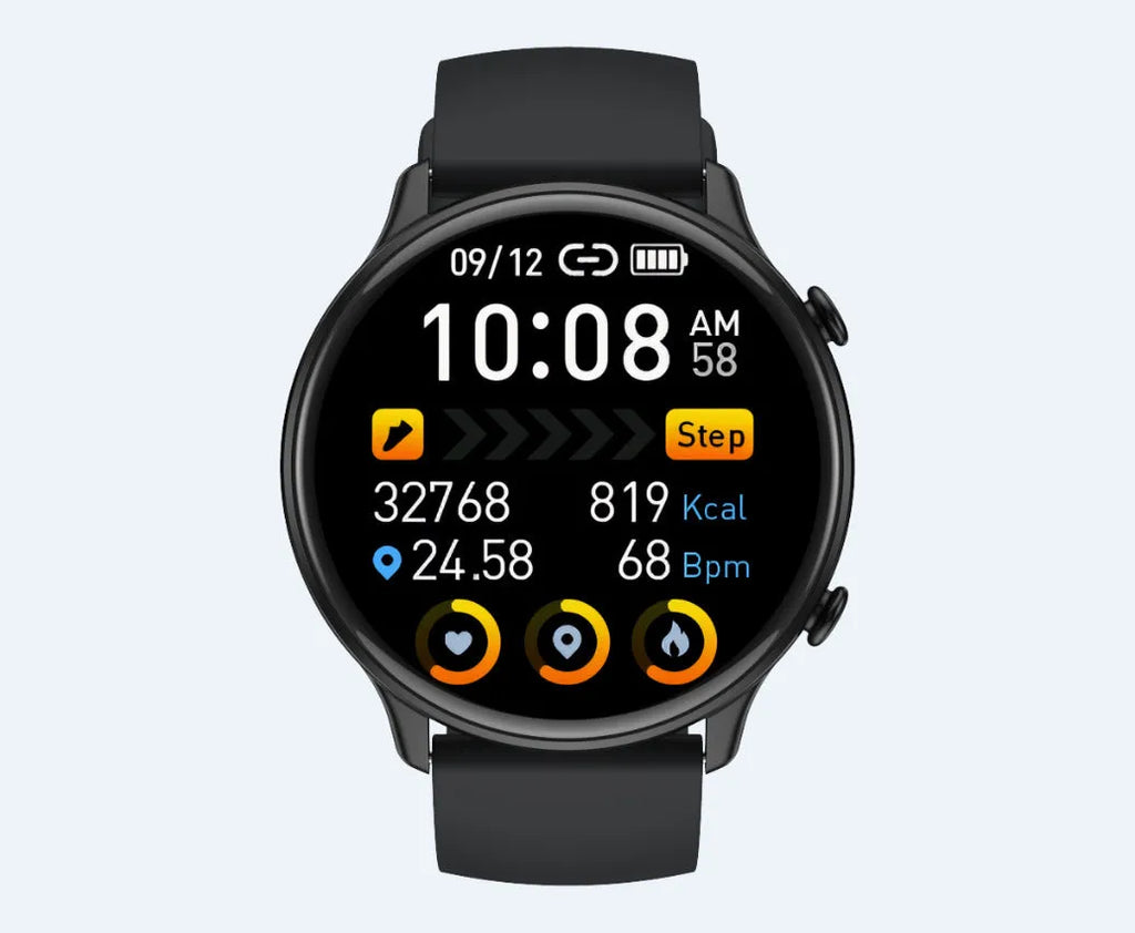 Round touch screen smart sports watch with heart rate monitor on silicone strap