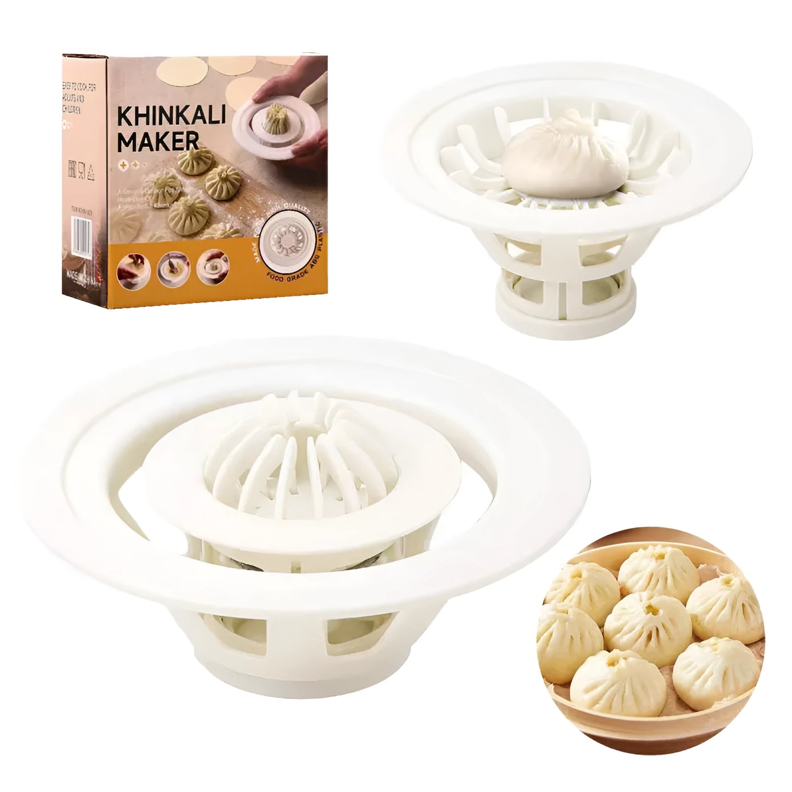 Black handheld steamed bun and dumpling mould for shaping Asian pastries.