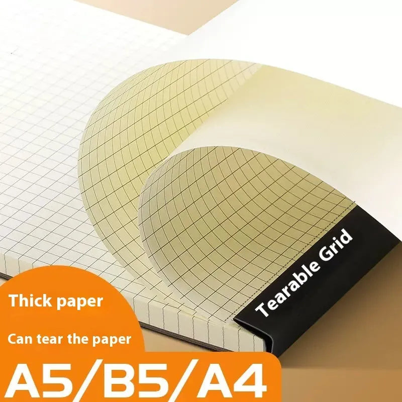 A5, B5, and A4 tearable writing pads with blank, grid, and lined paper options