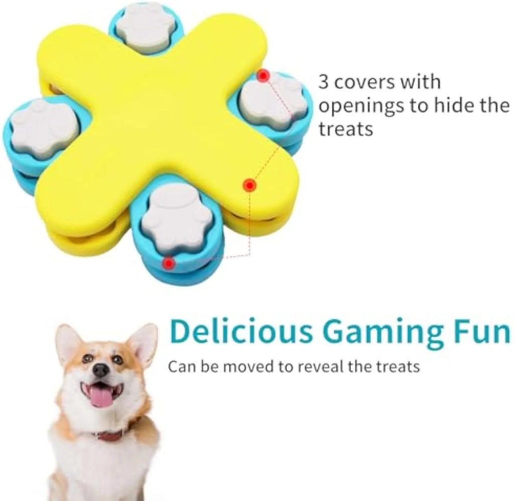 Yellow dog puzzle feeder toy with three rotating layers and a non-slip base for slow feeding and IQ training.