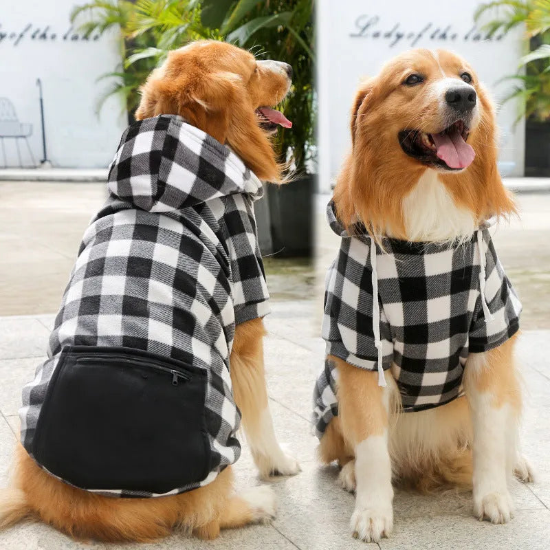 Polyester dog sweater with zipper pocket in red, ginger yellow, lake blue, grey, black or grid pattern, sizes XS to 5XL