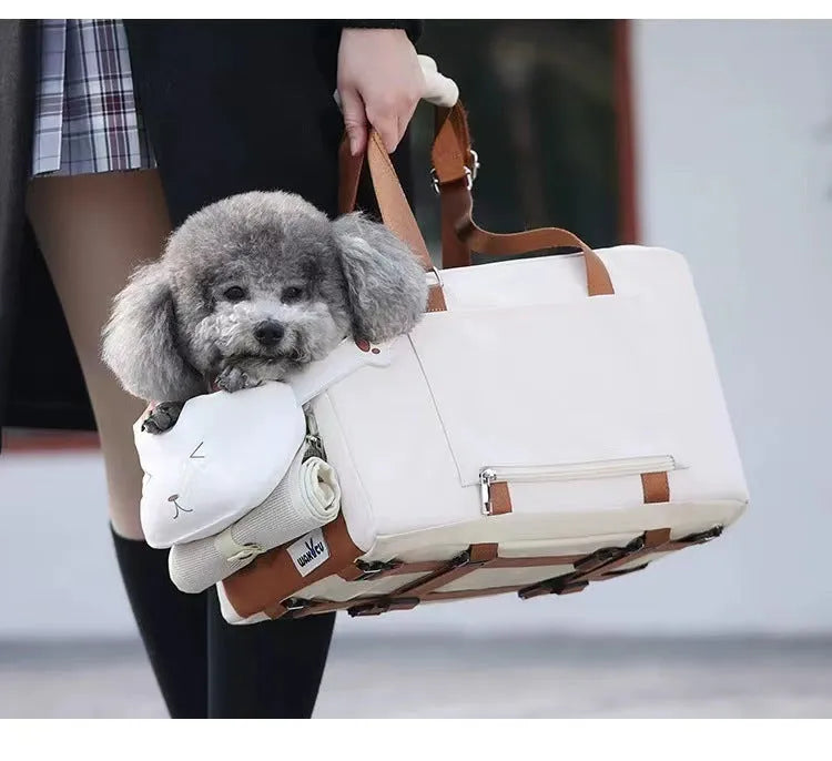 Beige hard-sided pet carrier measuring 43x25x22.5cm with EPE padding construction