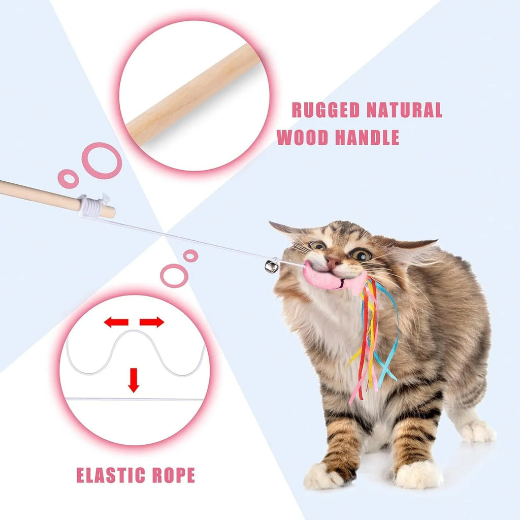 Interactive cat wand toy with colourful ribbons, catnip fish, and bell on a wooden handle
