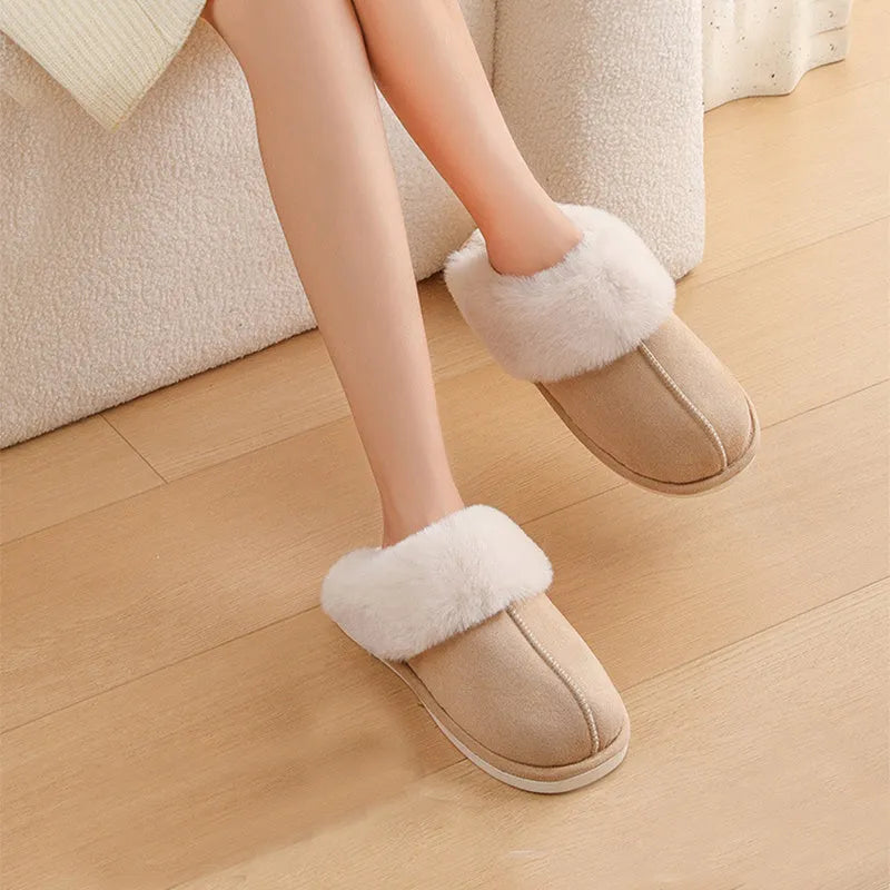 Women's winter plush indoor slippers in brown with anti-slip PVC sole and artificial wool insole