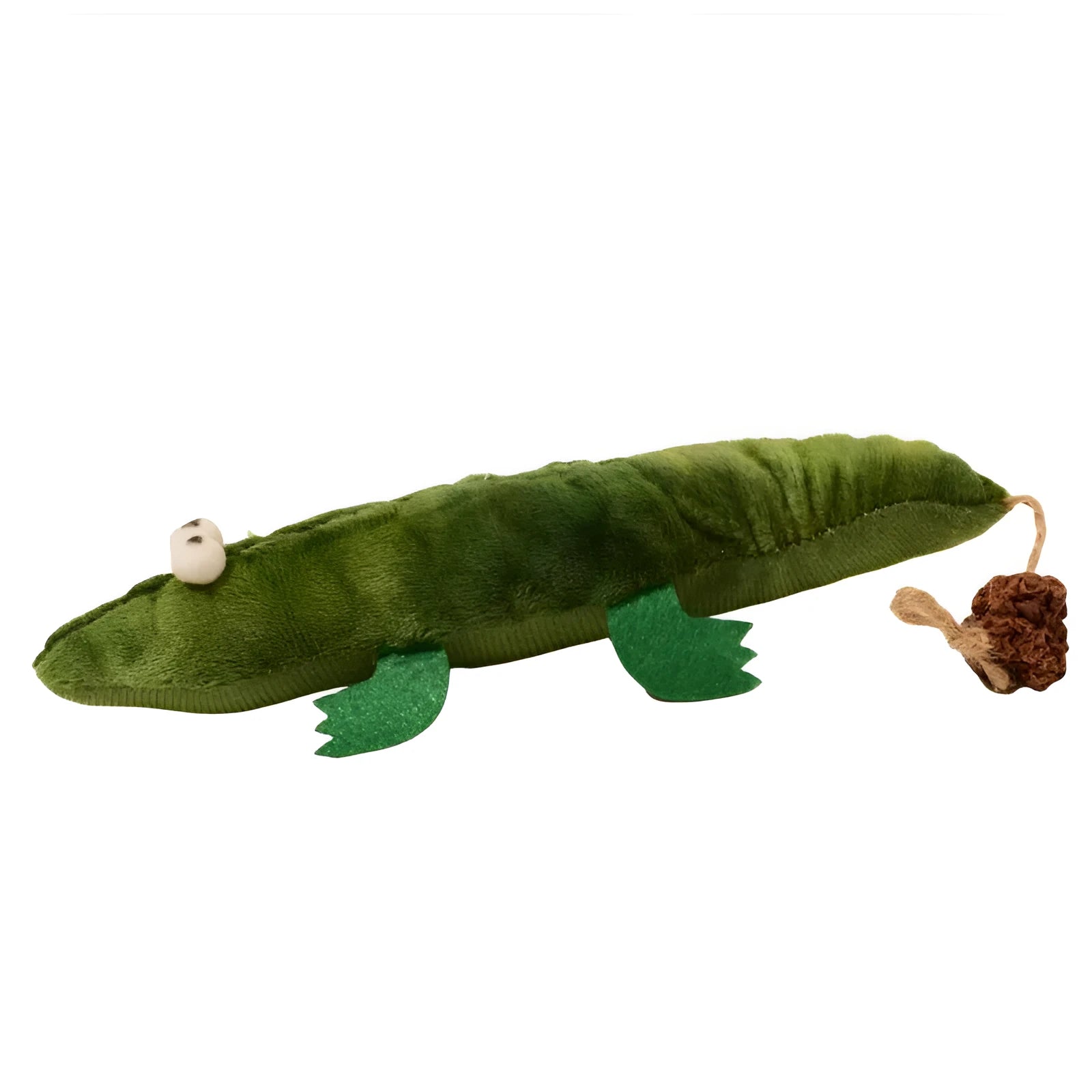 Green plush alligator cat toy measuring 28cm long with textured surface for feline play
