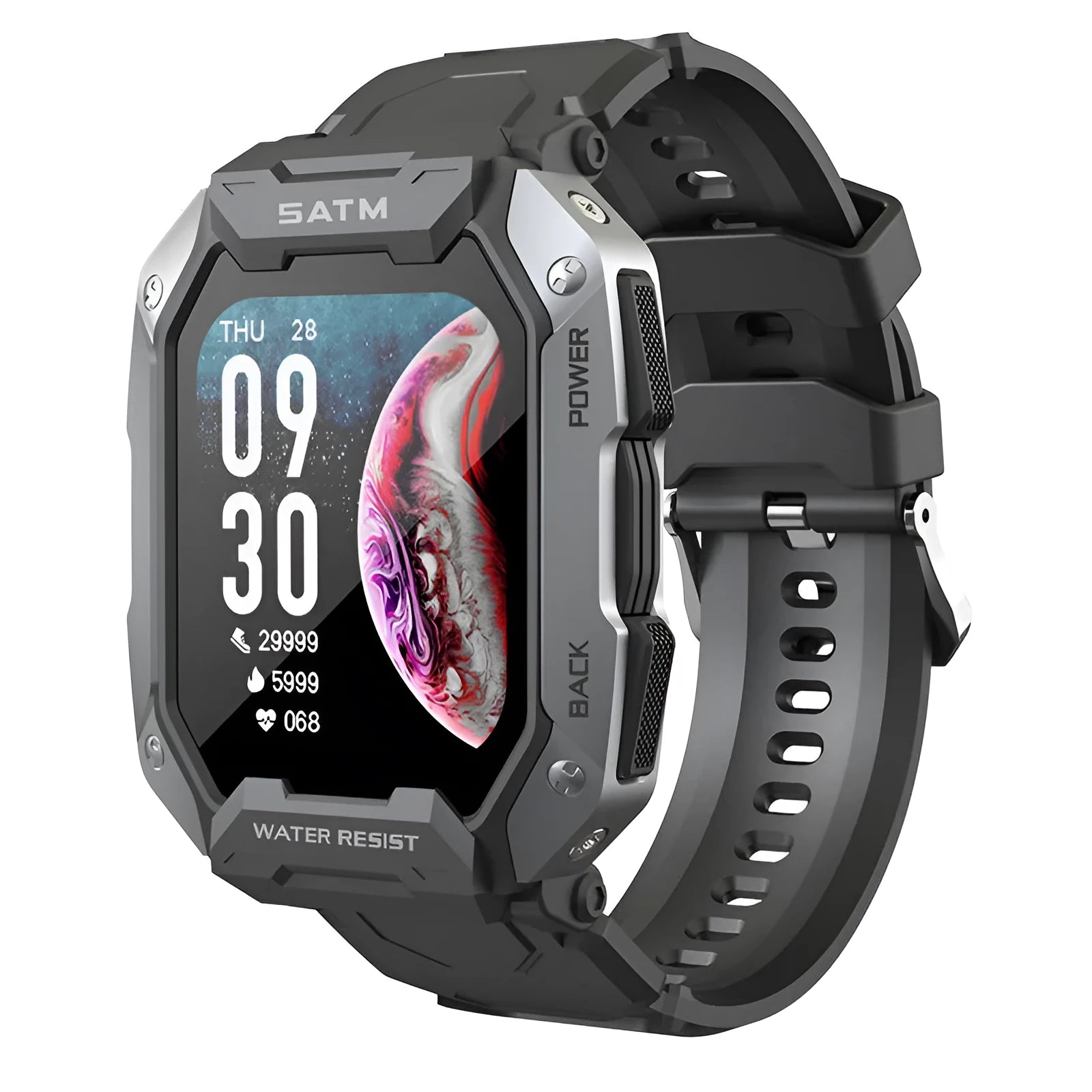 Men's smartwatch with camouflage silicone band showing health monitoring display