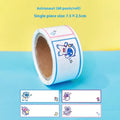 Roll of colourful cartoon name stickers showing dinosaur, astronaut, rabbit, and girl designs for labelling