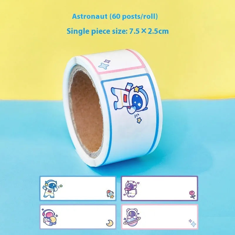 Roll of colourful cartoon name stickers showing dinosaur, astronaut, rabbit, and girl designs for labelling