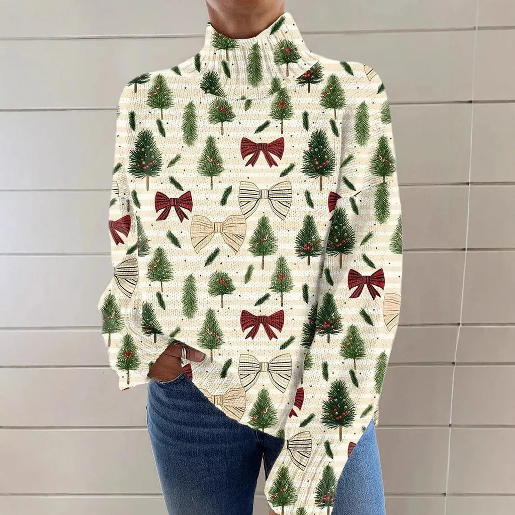 Women's Christmas printed turtleneck sweater in loose fit with painting pattern and macaron colours