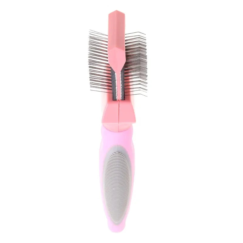 Double-sided pet brush with stainless steel pins on one side and softer pins on the other, in blue colour