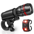 Bicycle headlights and taillights set with metal mounting bracket on a black background