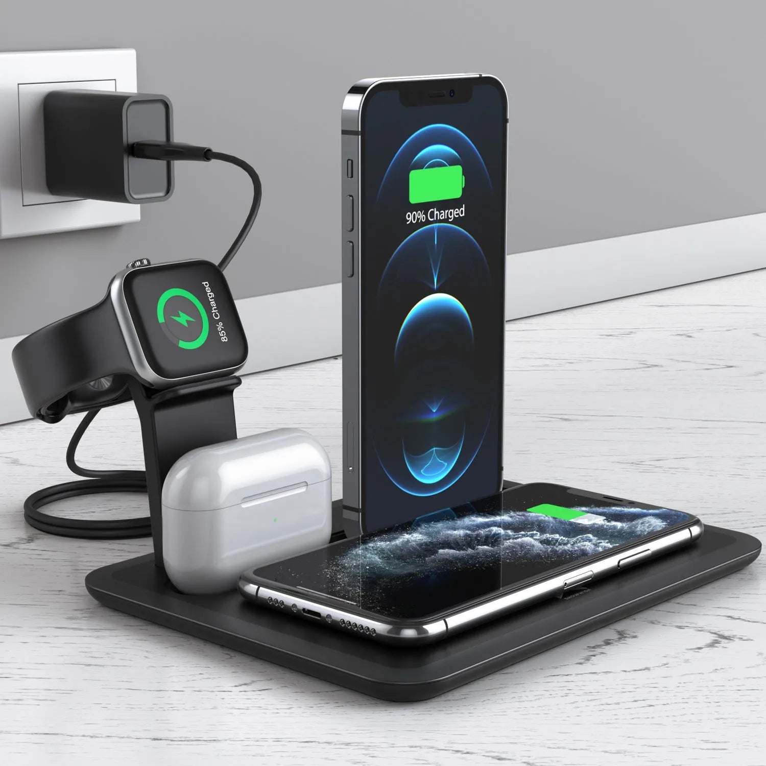 Black desktop wireless charging station for phone with watch and headphone charging outputs