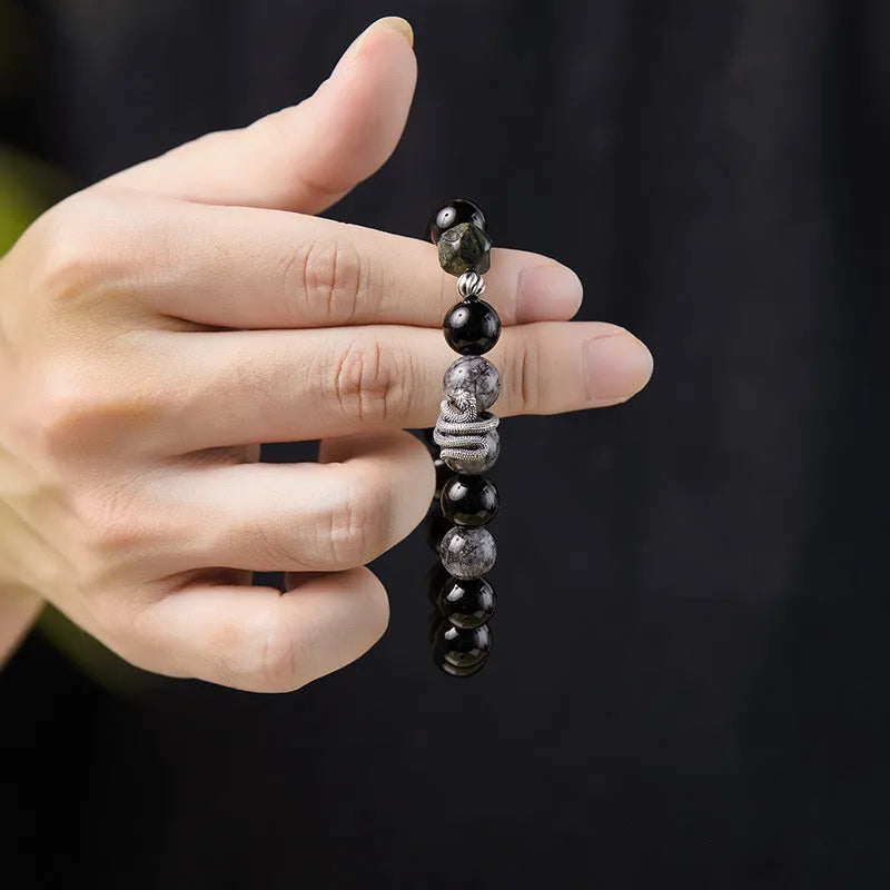 Men's black obsidian snake bracelet in 925 sterling silver with retro zodiac design