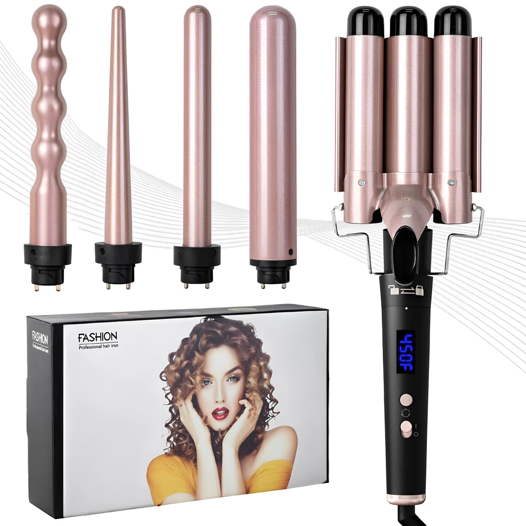 Rose gold multifunction hair curler with five tube attachments and LCD display screen
