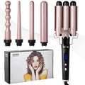 Rose gold multifunction hair curler with five tube attachments and LCD display screen