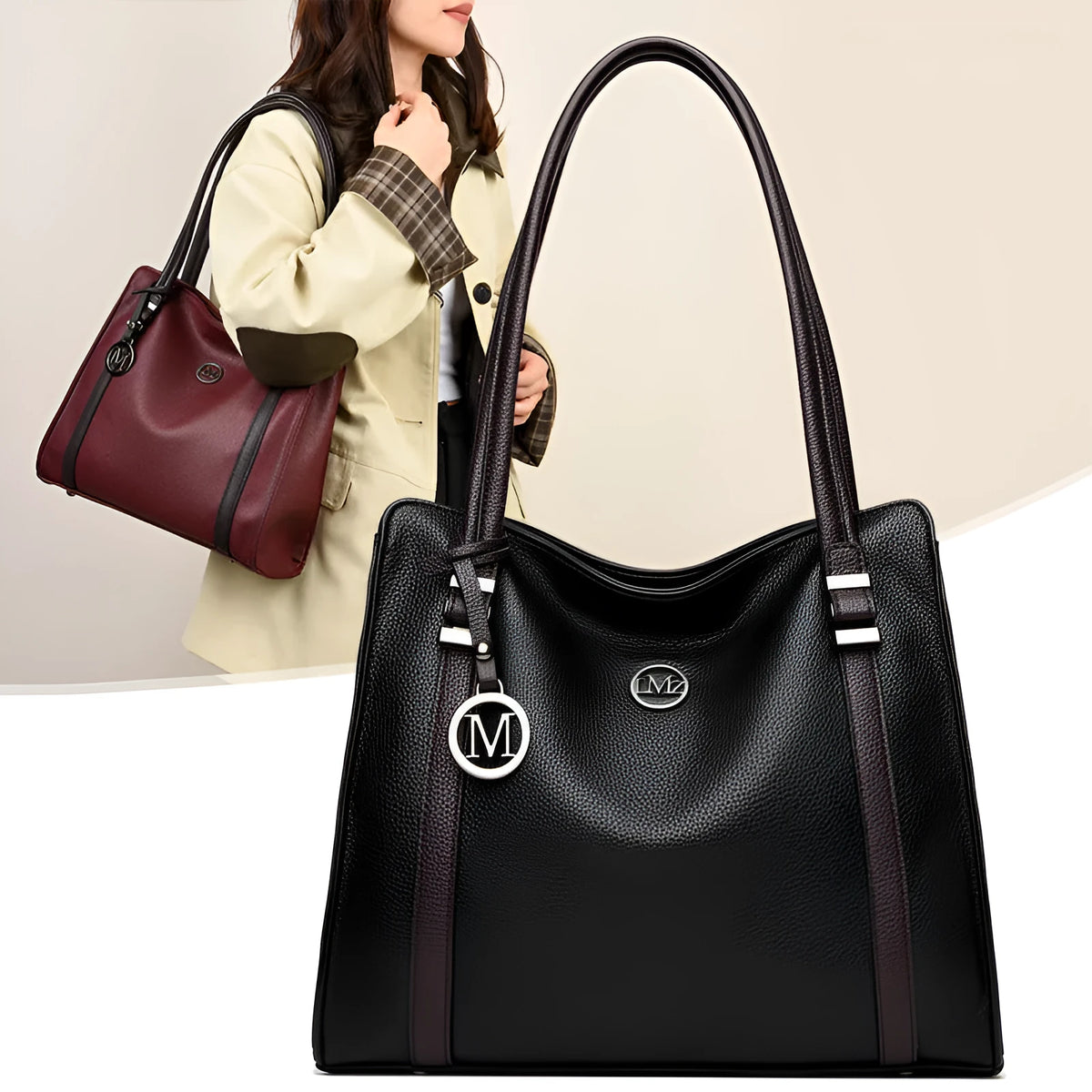 Women's retro style large black PU crossbody bag with double shoulder strap shown open.