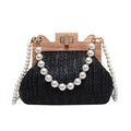 Women's woven straw shoulder bag with pearl chain detail in beige, showing horizontal square shape and single strap.