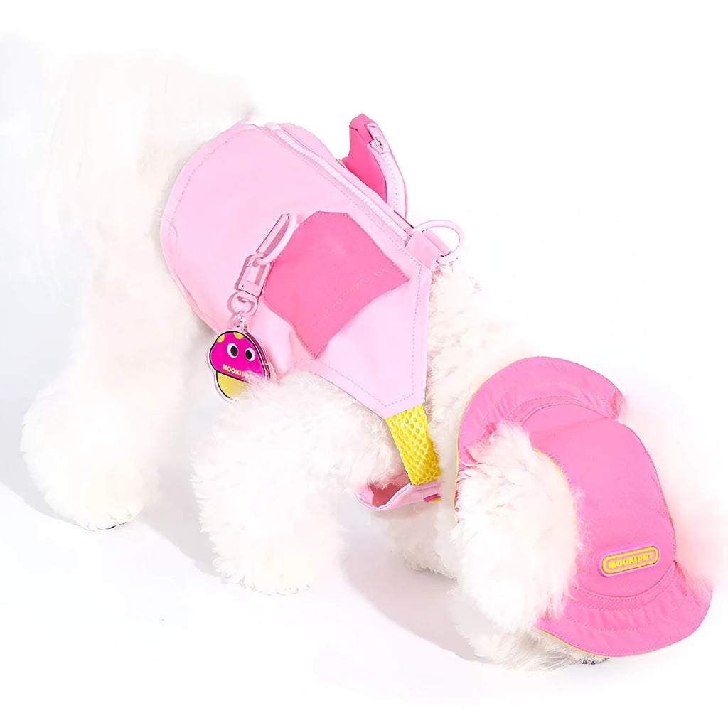 Pink polyester pet vest for small dog breeds on size chart showing XXS to XXL options
