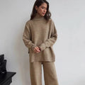 Women's acrylic sweater suit set with side-slit trousers in solid colour