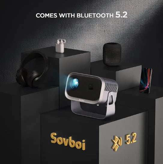 Android 4K smart portable projector with Full HD 1080p resolution on table setup