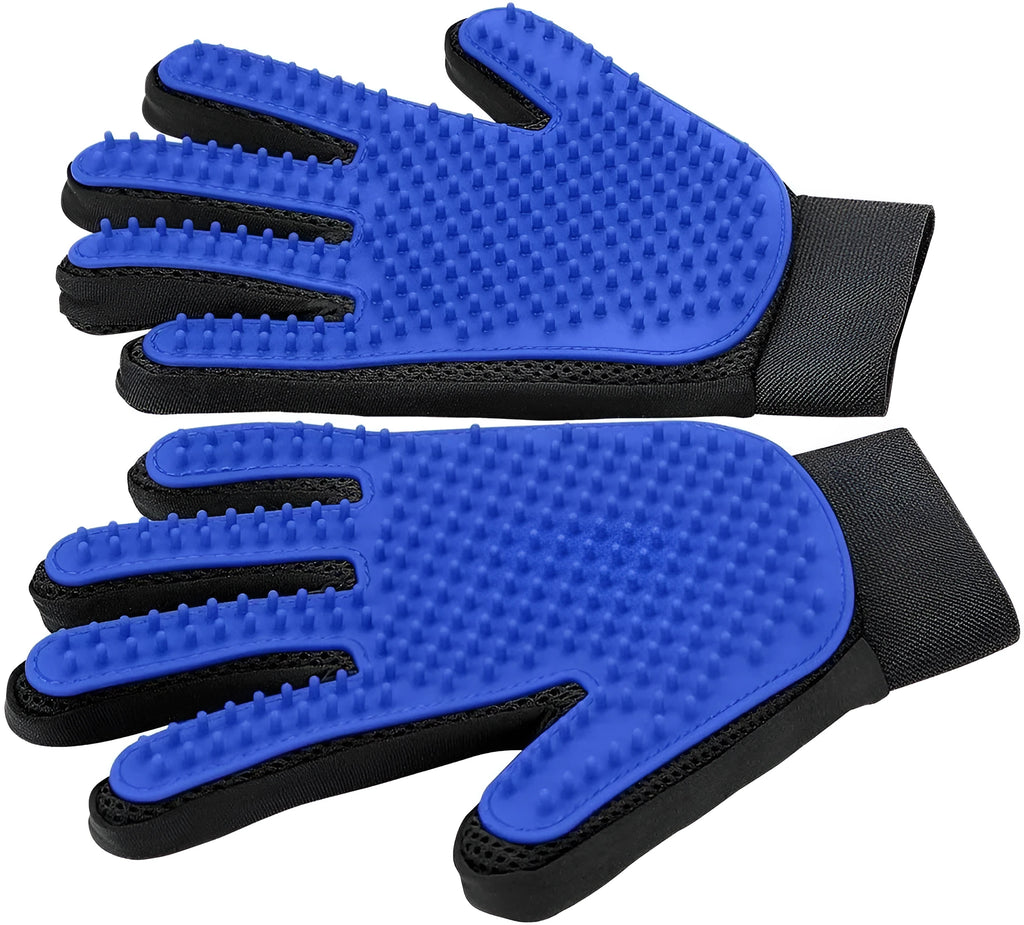 Blue pet grooming glove with silicone tips for dog and cat hair removal