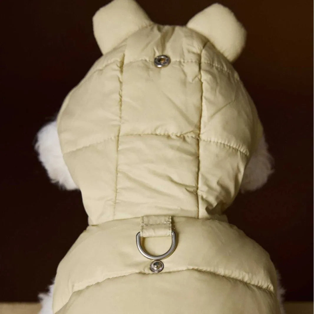 Sleeveless hooded dog down vest in beige or gray, polyester with 90 velvet filling, sizes XS-XXL