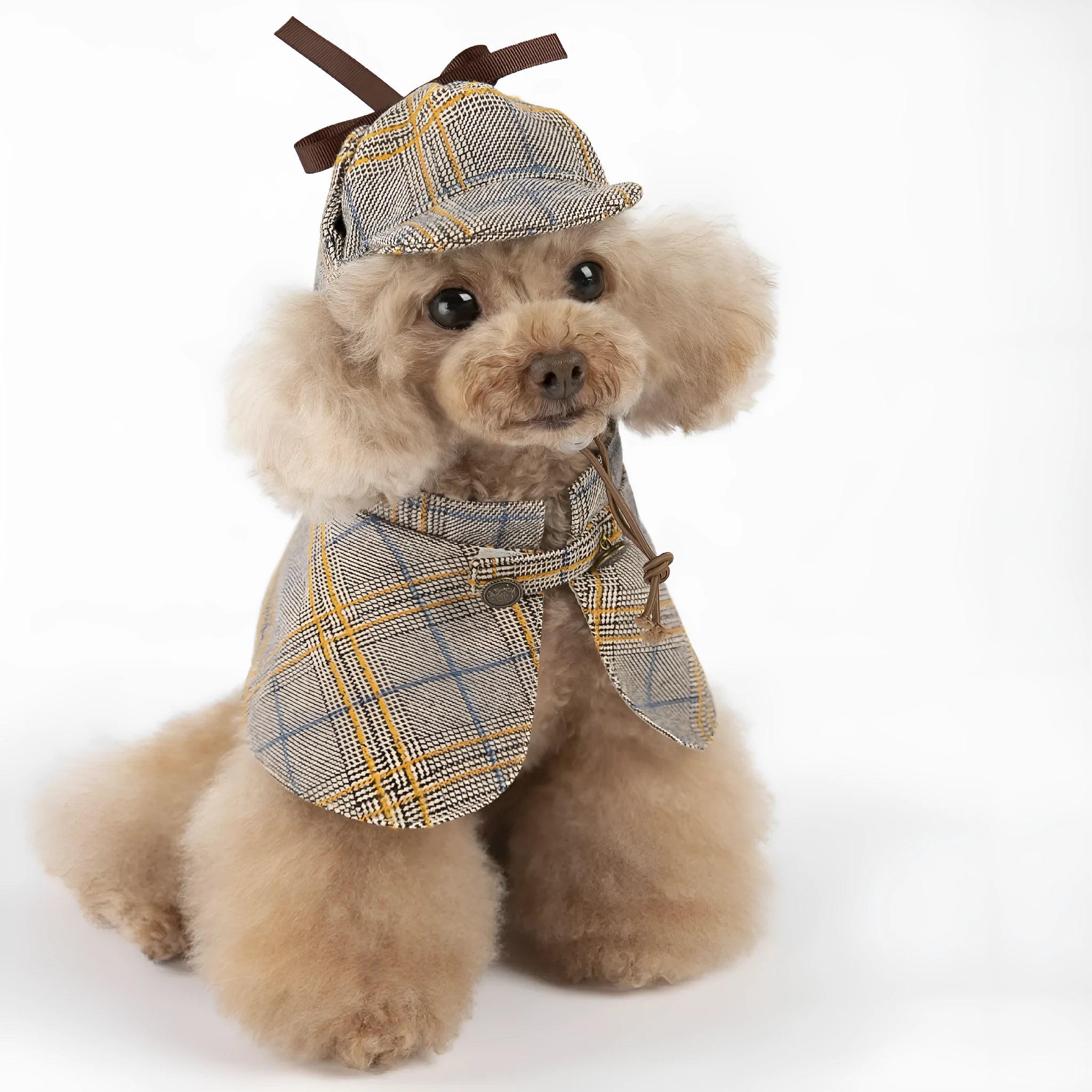 Camel coloured cotton pet cloak with adjustable hat for small dogs in spring and autumn