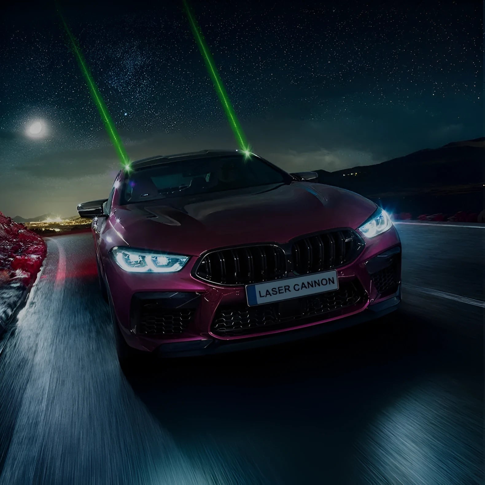 Black remote control vehicle strobe light with USB charging cable on a car bumper.