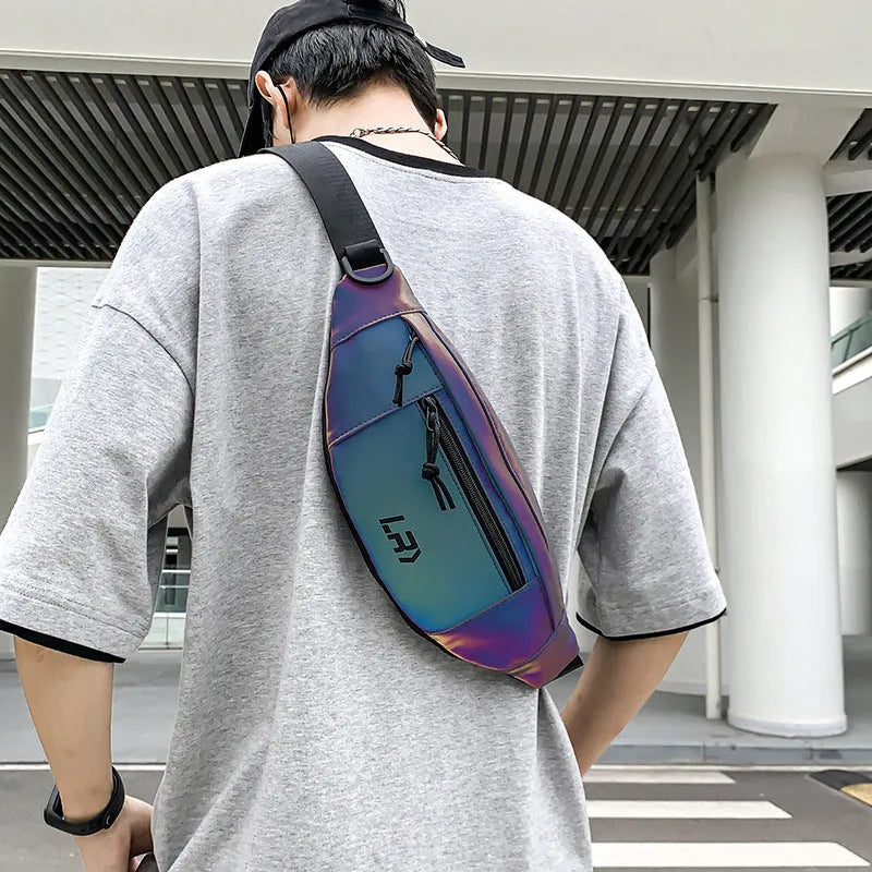 Blue reflective cycling crossbody chest bag with open pocket and soft handle
