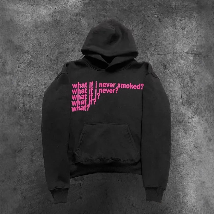 Black hooded sweatshirt with a white letter print graphic on the front.