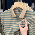 Men's red striped polo shirt with mosaic pattern on short sleeves