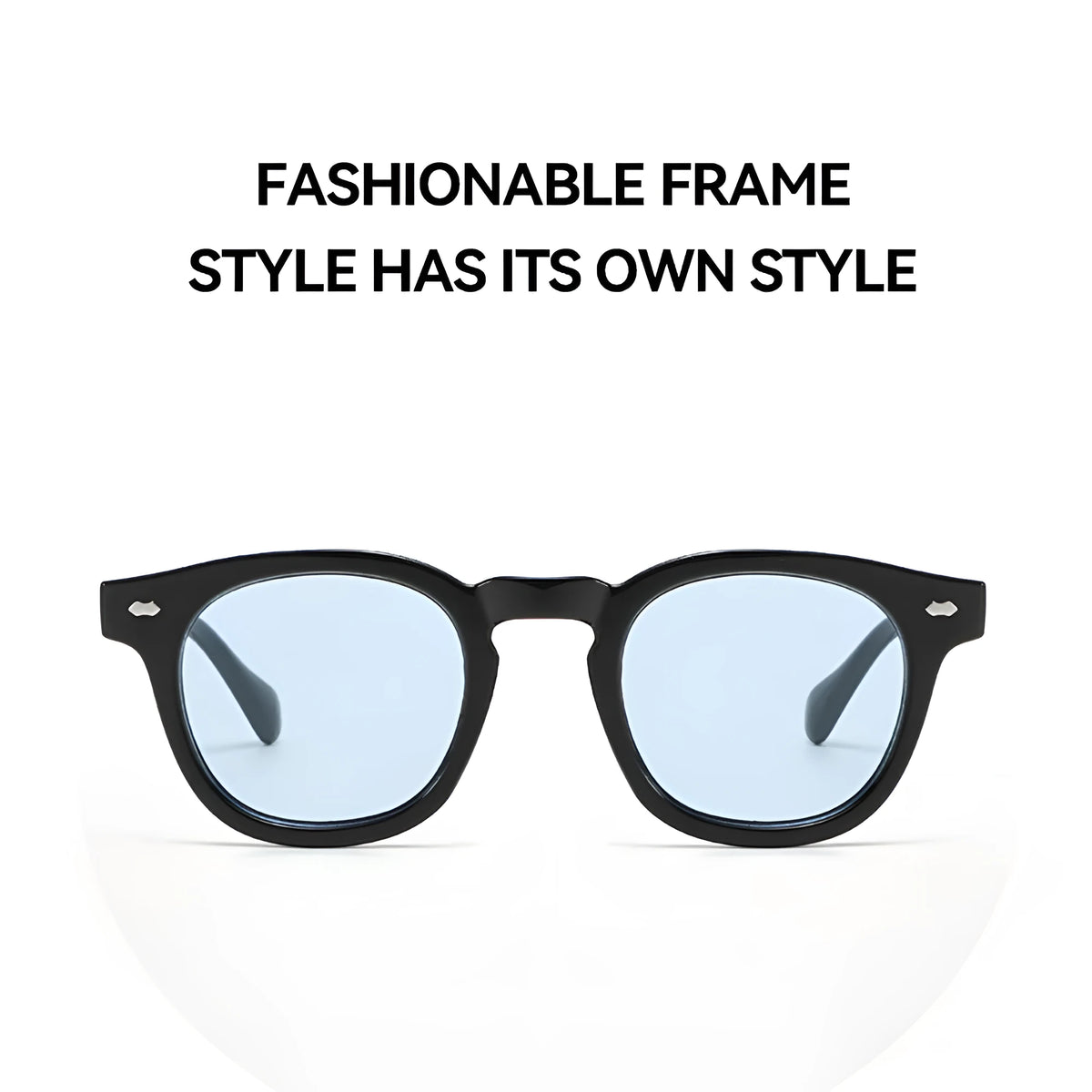 Round rim plastic sunglasses in bright black frame on a plain background
