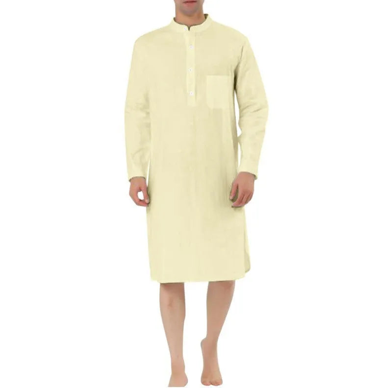 Men's cotton shirt-style robe with front pockets shown in multiple colour options.