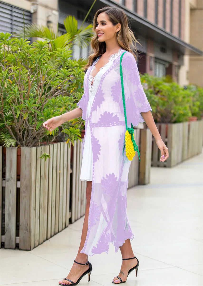 Light purple women's beach cover-up dress with lace embroidery detailing
