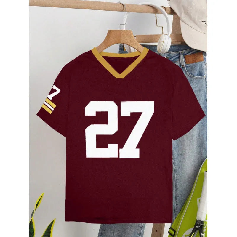 Red cotton t-shirt with white letter print showing loose fit and short sleeve design