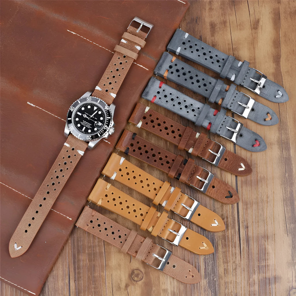 Handmade retro genuine leather watch band with stitched line, shown in dark grey, khaki and brown options