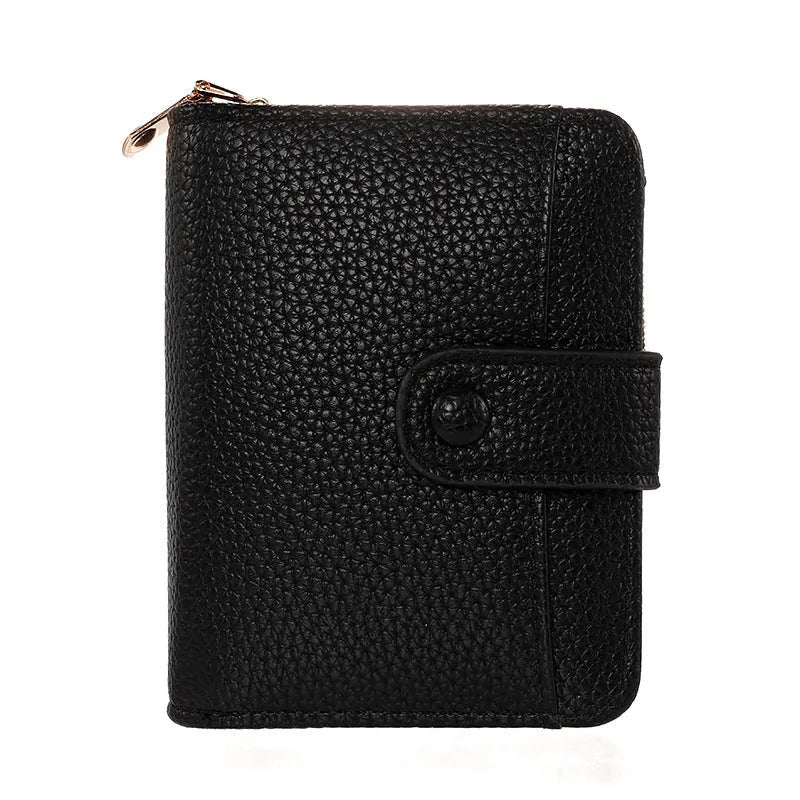 Lychee pattern embossed organ short wallet with twelve card slots and coin purse