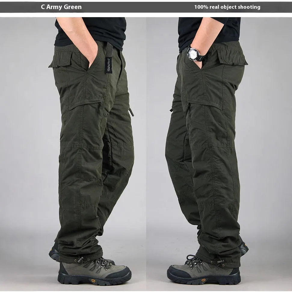 Men's thick cotton work overalls with wool lining and loose-fit straight leg design in khaki colour