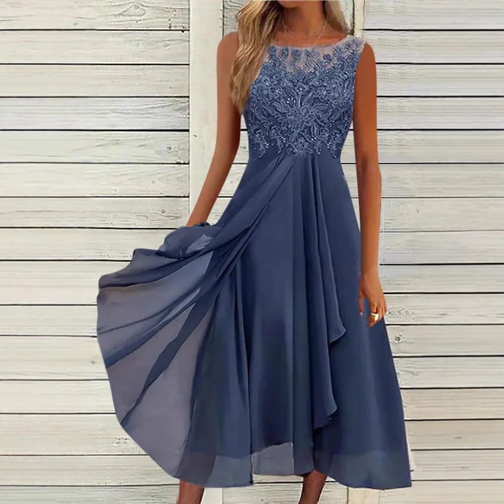 Women's sleeveless chiffon dress with hollow-out lace detail in green, shown on a hanger.