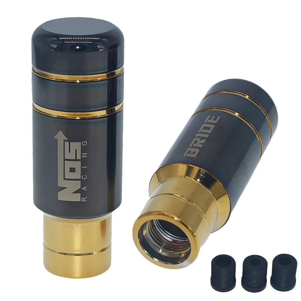 Roasted blue stainless steel automotive gear shift head with aluminium alloy components and installation sleeves