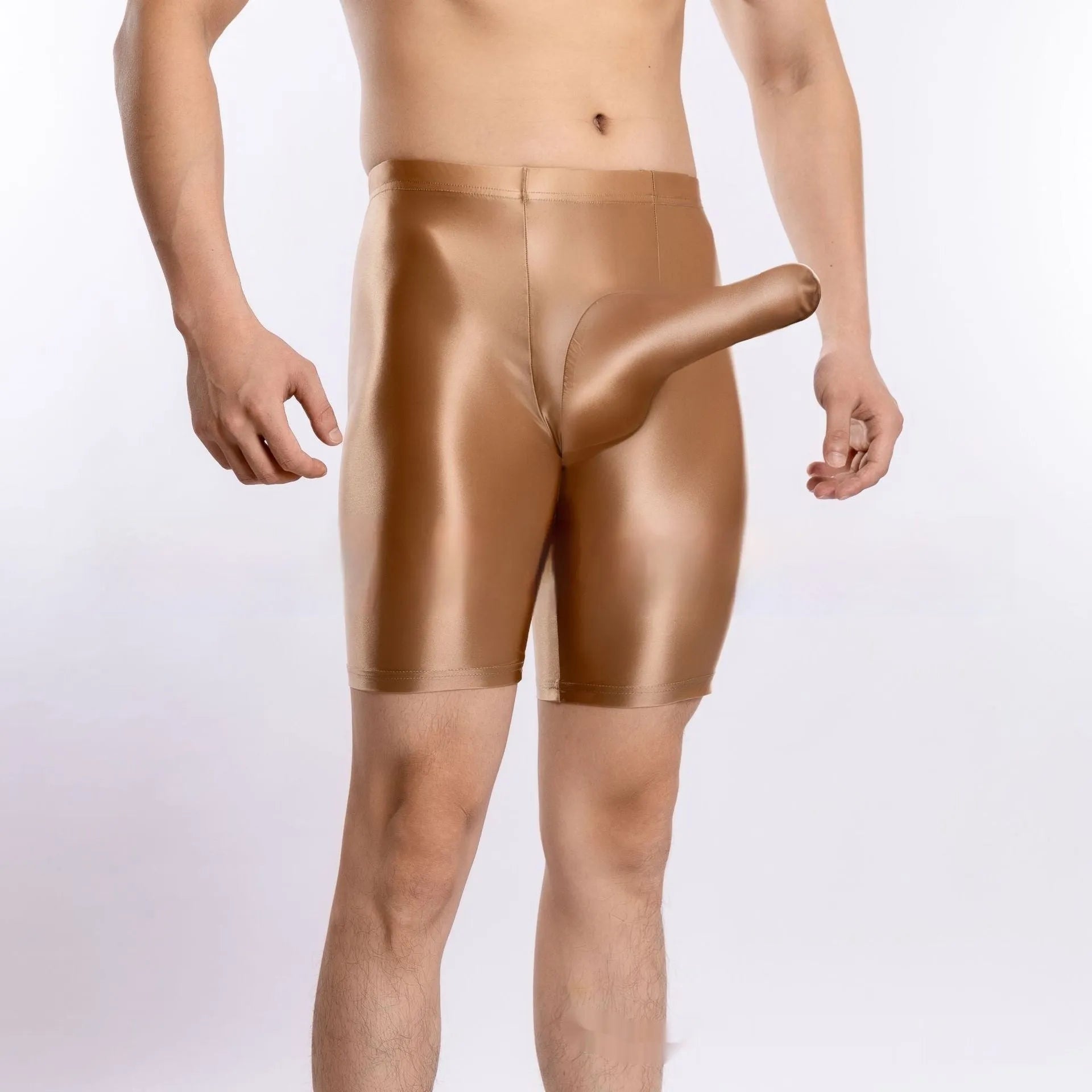 Men's plus size shiny silky nylon sports shorts in multiple colours on a size chart.